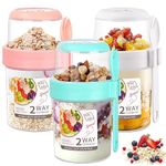 Aenmido 3 Pack Reusable Overnight Oats Container with Lid and Spoon,Yogurt Pots,Fruit Salad Cups,Breakfast Pot Muesli Cup,Travel Food Storage Container(310+560ML)