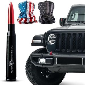 Alpha Defense Round Style Antenna 50 Cal Round Shaped Aluminum Rust Resistant 5.5" Jeep Wrangler + Most Trucks Radio Antenna + Face Shield Alpha Defense Set of 2 (Red)