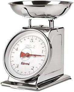 Girmi PS90 Bilancia Meccanica da Cucina, Ciotola 1 Lt, Corpo Inox, 20gr/5Kg, Funzione Tara