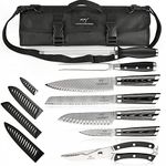 NANFANG BROTHERS Knife Set with Bag, 8 Pieces Damascus Steel Chef Knives with Portable Knife Roll Storage Bag, Blade Guards, Carving Fork, Sharpener and Kitchen Shears for Outdoor Camping BBQ Travel