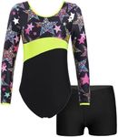 TiaoBug Kids Girls 2Pcs Gymnastics Dance Outfits Long Sleeve Leotards with Shorts Athletic Biketards Unitards Starry Black 12 Years