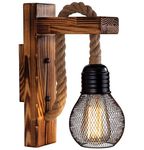 Ahageek Wooden Wall Light Hemp Rope, Industrial Wall Lamp Lamp Shade, E27 LED Retro Wall Light Living Room Bedside Table Corridor Cafe Bar(Without Bulb)