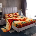 Western Bedding Set King Size,Southwest Bed Sheet for Kids Teens Women Men,Aztec Tribal Bohemian Fitted Sheet 4Pcs Vintage Geometry Striped Orange Red Rustic Top Flat Sheet Bedroom Decor