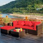 Tangkula 5 PCS Patio Rattan Furniture Set, Outdoor Sectional Rattan Sofa Set with Back & Seat Cushions, Wicker Conversation Set with Tempered Glass Table for Backyard Porch Garden Poolside (Red)