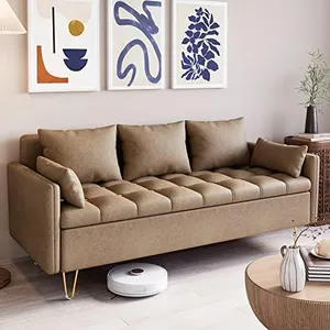 Assile 67”W Comfortable Faux Leather Sofa, Modern Couch with Hand Stitched, Solid Wood Frame and Gold Metal Leg, Lift-UP Storage Box and 3 Foam Pillows for Living Room in Light Brown