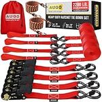 AUGO Ratchet Tie Down Straps –4 PK– 4.5m – 1000 KG Break Strength – Safety Lock S Hooks –for Moving Cargo, Appliances, Lawn Equipment, Motorcycle – Includes 2 Bungee Cords, 4 Soft Loops, Storage Bag