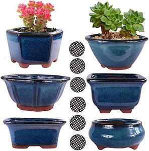 6 pcs Ceramic Succulent Pot, Small Glazed Zisha Bonsai Cactus Plant Flower Pots Planter 3" 4” Growing Nursery Containers Blue