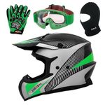 Zorax Black/Silver/Green L (59-60cm) ZOR-X305 Motocross HELMET & Gloves L(10cm) & Goggles & Balaclava - MX Quad ATV Sports Enduro Crash Dirt Bike Helmet ECE 22.06 Certified