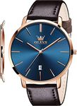 OLEVS Mens Wrist Watches Ultra Thin 6.5mm Minimalist Brown Leather Blue Dial Watch Business Dress Waterproof Date Slim Watches for Men