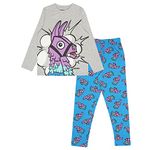 Popgear Boy's Fortnite Long Pyjama for Boys, Loot Llama Crew Neck T-shirt With Pants pajama sets, Blue Heather Grey, 12-13 Years UK