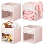 mDesign Fabric Nursery/Playroom Closet Storage Organizer Bin Box with Front Handle/Window for Cube Furniture Shelving Units, Hold Toys, Clothes, Diapers, Bibs, Jane Collection, 4 Pack - Pink/White