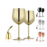 WOTOR 18 oz Stainless Steel Wine Glass Set of 2 with Wine Stopper - Unbreakable & Portable Metal Wine Glasses for Outdoor Events, Like Travel, Camping and Pool, Best Gift for Wine Lovers (Gold)