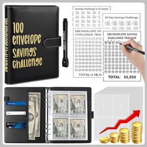 YOPCDJ 100 Envelopes Money Savings Challenges Book with Envelopes, 100 Day Challenge Money Saving Budget Binder for Cash Saving, Motivational Process to Save $5050,10,100, 10,000, 500 (Black)