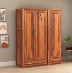 SONA ART & CRAFTS Solid Sheesham Wood 3 Door Wardrobe with 3 Drawers Storage for Bedroom | Wooden Almirah for Clothes | Wooden Cupboard | Natural Honey Finish