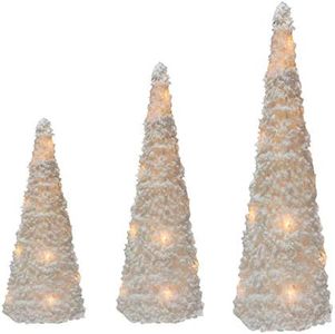 Just for Christmas 3pc Light Up LED Xmas Glitter Tree Cones Christmas Tinsel Cone Pyramids with 25 LED Lights for Home Decor Soft Fabric Pyramid Shape Snow Covered - Battery Operated