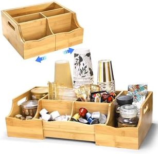 WRINGKIT Coffee Station Organizer for Countertop, Bamboo Coffee Bar Condiment Organizer, Extendable Coffee Tea Condiment Storage for Coffee Bar Decor, Coffee Area, 7 Compartment