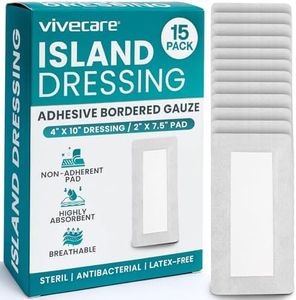 Vive Care Adhesive Border Gauze 4"x10 (15pcs) - Bordered Non-Stick Island Dressing - Absorbent Wound Care Dressing - Breathable Sterile Bed Sore Bandage - Individually Wrapped Non-Woven Pad for Ulcers