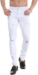 TEGIAS Men's Ripped Zipper Deco Washed White Skinny Fit Jeans 32