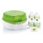 MAM Microwave Steam Steriliser, Comes with 2 x MAM Easy Start Self Sterilising Anti-Colic Baby Bottles and Baby Soother, Bottle Steriliser for Babies