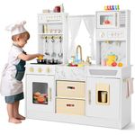 Kids Wooden Kitchen, Large Pretend Role Play Kitchen Toys with Realistic Oven, Microwave, Water Dispenser and Sink with Taps, Kitchen Playset with Sound and Light for Kids