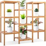 SereneLife 9-Shelf Bamboo Plant Stand - 13'' x 38'' x 35.5'' 9 Tier Adjustable Storage Shelf for Indoor/Outdoor Plants, Lightweight, Sturdy, Space-Saving Home Decor, Water-Resistant, Easy to Assemble