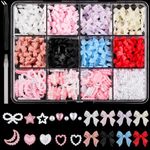 500pcs 3D Nail Charms, Assorted Color Multi Shapes Mix Bow Nail Charms Cute Pearl Heart Star Moon Bowknot Rhinestones Gems Nail Decorations with Pickup Tool for Women Girls Nail DIY Accessories