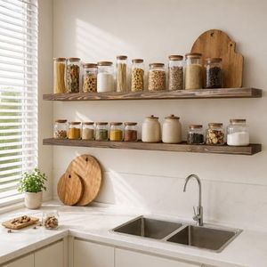 XWNE Rustic Floating Shelves 72 inch Long 8 "deep Set of 2, Heavy Duty Wood Wall Mounted Shelves for Bathroom Living Room Kitchen,Book Shelves with Thickened Hidden Bracket- Walnut