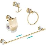 WINCASE Zinc Alloy Mterial Golden Polished Bathroom Acessory Set, Shiny Craystal Wall Mounted Bath Hardware Set Luxurious 4-Piece with Towel Bar Toilet Paper Holder Coat Hooks Towel Ring