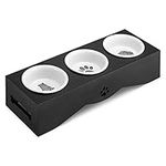 Navaris Cat Bowls in Stand - 3 Bowl Pet Feeding Station for Cats and Small Dogs - Cute Cats Design Ceramic Food and Water Bowls in Raised Black Holder