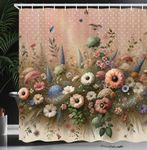 Ambesonne Floral Eucalyptus Shower Curtain, Creative Boho Wild Garden Bursting into Flowers Vintage Botanic, Cloth Fabric Bathroom Decor Set with Hooks, 69" W x 84" L, Rose and Olive Green