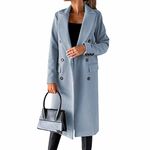 CARGIS Long-sleeved wool coat with double-breasted buttons,Women's Double Breasted Long Trench Coat Windproof Classic Lapel Slim Overcoat (blue,M)