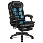 ELFORDSON 8-Point Massage Office Chair with Footrest and Seat Heating, Desk Chairs for Heavy People, Ergonomic Reclining Executive Chairs, Height Adjustable, 360° Swivel, PU Leather, Glossy Black