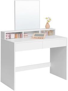 VASAGLE Schminktisch mit großem Spiegel, Frisiertisch, 2 Schubladen, 3 offene FÄcher, Kosmetiktisch, modern, weiß RDT113W01