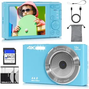Digital Camera for Teens, FHD 4K 44MP Autofocus Camera with 64GB Card, 2 Batteries, Lanyard, 16X Digital Zoom, Compact Portable Cheap Point Shoot Cameras for Kids Boys Girls Students Beginners(Blue)