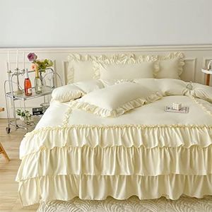 Ruffle Duvet Cover Queen Size,100% Washed Microfiber 3pcs Bedding Duvet Cover Set, Shabby Chic Farmhouse Duvet Cover and Pillow Shams, Zipper Closure & Corner Ties, Easy Care, Cream Yellow - Queen