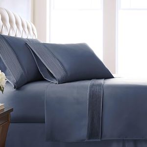Southshore Fine Living, Inc. Vilano Pleats, 5-Piece, 21-Inch Extra Deep Pocket Sheet Set, Split-King Sheets with Flat Sheets and Pillowcase, Easy Care Shrinkage-Free Deep Pocket Sheets, Dark Blue