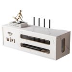 NUODWELL Wall Mounted WiFi Router Storage Box, Desktop Wooden WiFi Storage Rack, Floating Shelves TV Set-Top Rack, Power Cord Socket Storage Shelf for Bedroom, Living Room (White)