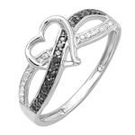 0.20 Carat (ctw) Sterling Silver Round Black & White Diamond Ladies Promise Heart Love Criss Cross Overlap Engagement Ring 1/5 CT (Size 8)