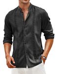 COOFANDY Men's Cuban Guayabera Shirt Long Sleeve Linen Cotton Shirt Hippie Beach Button Down Casual Shirts Black