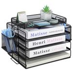 Letter Trays 4pcs Stackable Paper Sorter, Metal Mesh Paper Letter Tray with Top Stationery Holder, Office Desk Tidy Folder with Two Pen Holders, Desk File Organizer for Office School Home