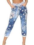 Crazy Fashion Women’s Ladies Denim Joggers Star Printed Sweatpants Floral Ribbed Waistband Trousers Ladies Casual Summer Italian Gym Running Pants Plus Size 8-26 (UK 16, Dark Denim Floral)