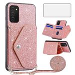 Asuwish Phone Case for Samsung Galaxy A03s US Version 5G 2022 Wallet Cover with Tempered Glass Screen Protector and Crossbody Strap Lanyard Bling Glitter Card Holder Ao3s A 03s SM-A037U SM A037U Pink