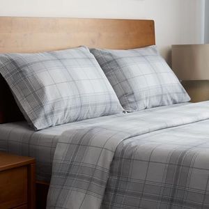Mellanni Cotton Flannel Sheets Full Size - Double Brushed Flannel Deep Pocket Fitted Sheet - Warm and Cozy, Easy Care - Luxury Heavy Weight Full Size Sheet Sets - 4 Piece Set (Full, Light Gray Plaid)