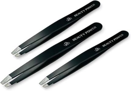 Beauty Power Tweezers for Women Facial Hair. Ultra Precision Tweezers for Women & Men, Sharp Slant Tweezer for Eyebrows, Ingrown Hair Removal. Professional Plucker, German Stainless Steel 3-Pack Black
