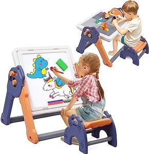 Easel for Kids, Foldable Toddler Easel with Building Block Table, Kids Standing Art Easel with Painting Accessories, Dry Erase Board Magnetic Whiteboard for Kids Toddlers Boys Girls