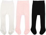 Namektch Baby Girls Tights, Seamless Knit Cotton Leggings Pants Infant Toddler Girl Stockings, 3-pack(black+white+pink), 1-2 Years