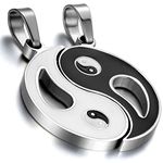 Cupimatch 2PCS Stainless Steel Yin Yang Pendant Puzzle Matching Couple Necklace Valentine for Men Women Silver Black with 18"& 22" Chain