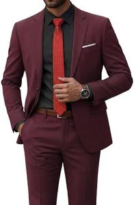 YND Men's Slim Fit 2 Piece Suit, One Button Jacket Pants Set with Tie, Solid Party Wedding Dress Blazer, Tux Trousers, Burgundy