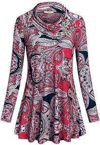 Miusey Swing Tunics for Women, Ladies Youth Pullover Slimming Figure Flattering Workout Nice Pleated Front Cozy Fresh Sporty Basic Chic Dressy Blouson Top Slouchy Pullover Long Length Red XL