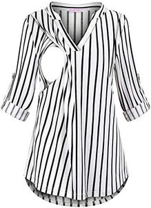 JOYMOM Breast-feeding Tops,Moms Striped Long Sleeve Shirt Women Deep V Neck Practical Layered Basic Nursing Blouse Maternity Drape Plus-Size Fall Clothing Post Partum Tunic XL